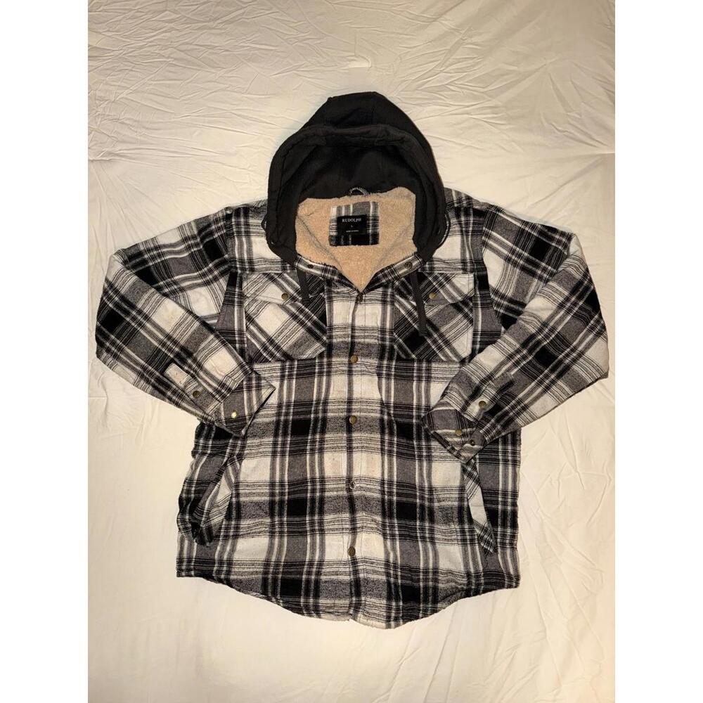 Rudolph Sherpa Lined Flannel Hoodie Jacket Men’s Large Black White Plaid